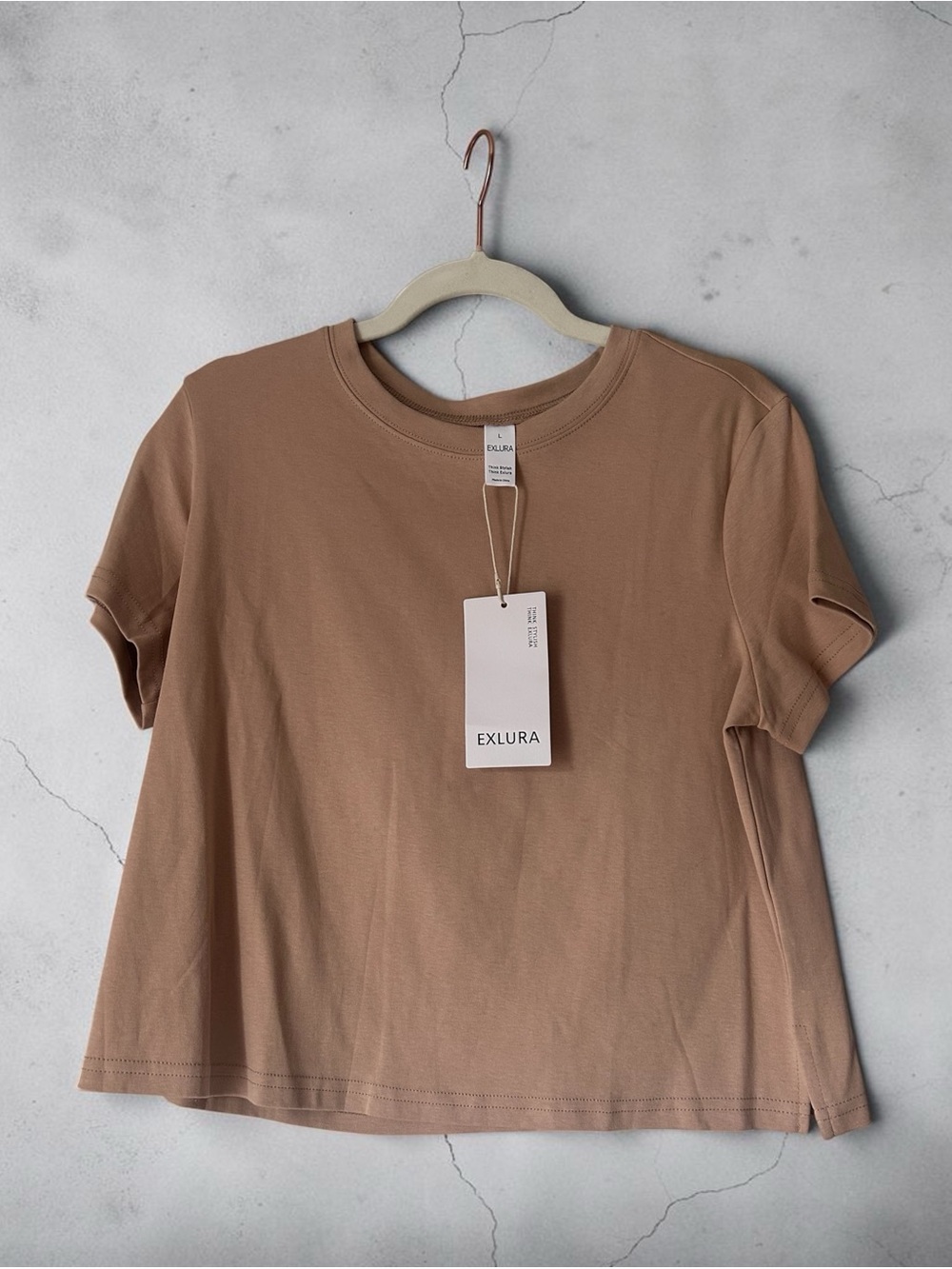 Exlura Women's Crewneck Short Sleeve Tee in Tan cropped style